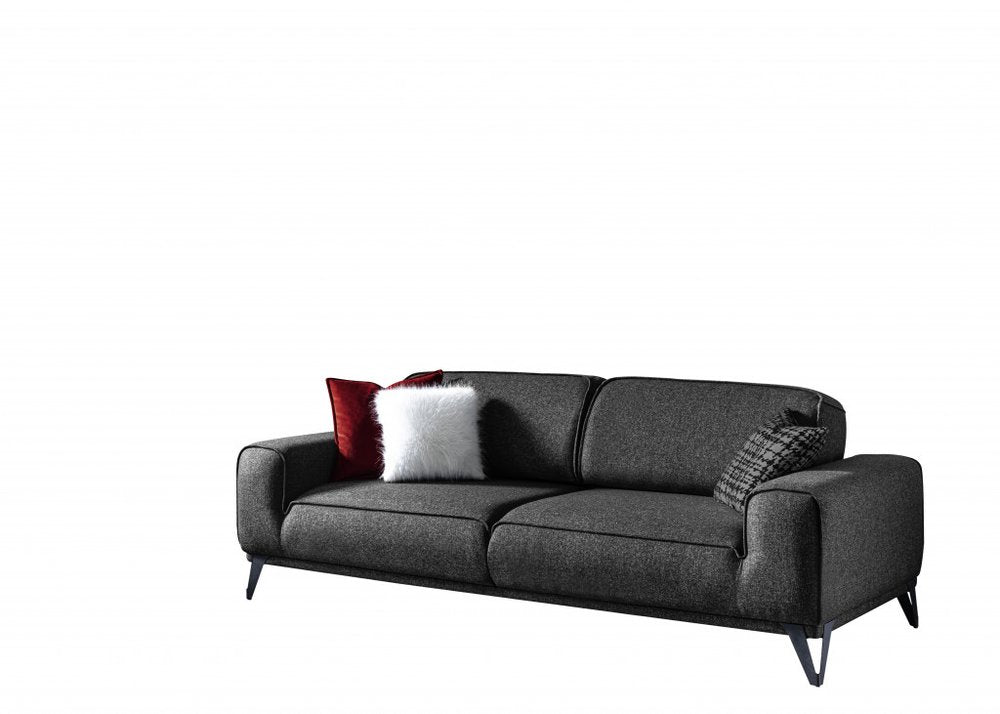 90" Dark Gray Linen Sleeper Sofa And Toss Pillows With Silver Legs on a white background