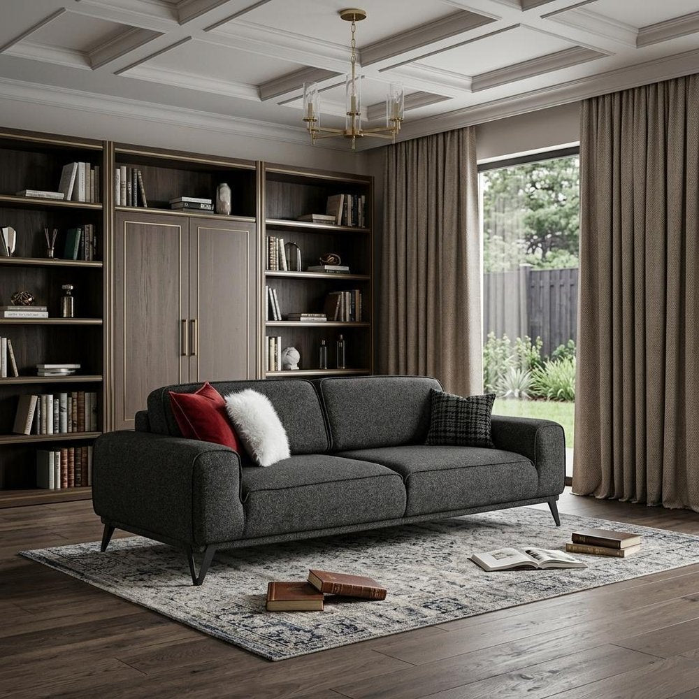 90" Dark Gray Linen Sleeper Sofa And Toss Pillows With Silver Legs in a home interior