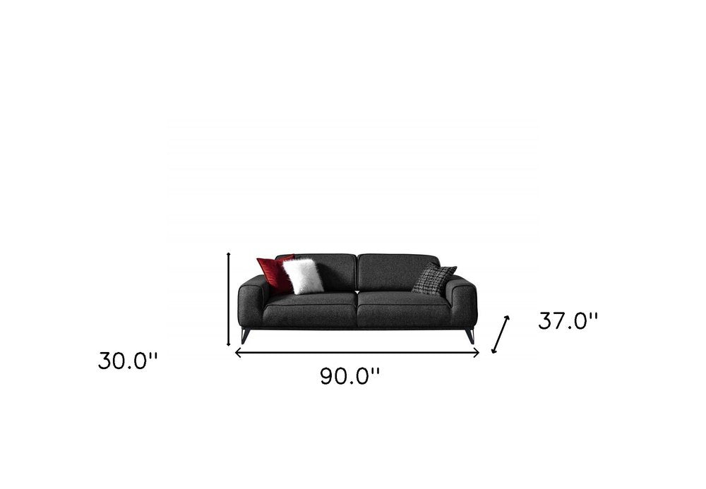 90" Dark Gray Linen Sleeper Sofa And Toss Pillows With Silver Legs on a white background