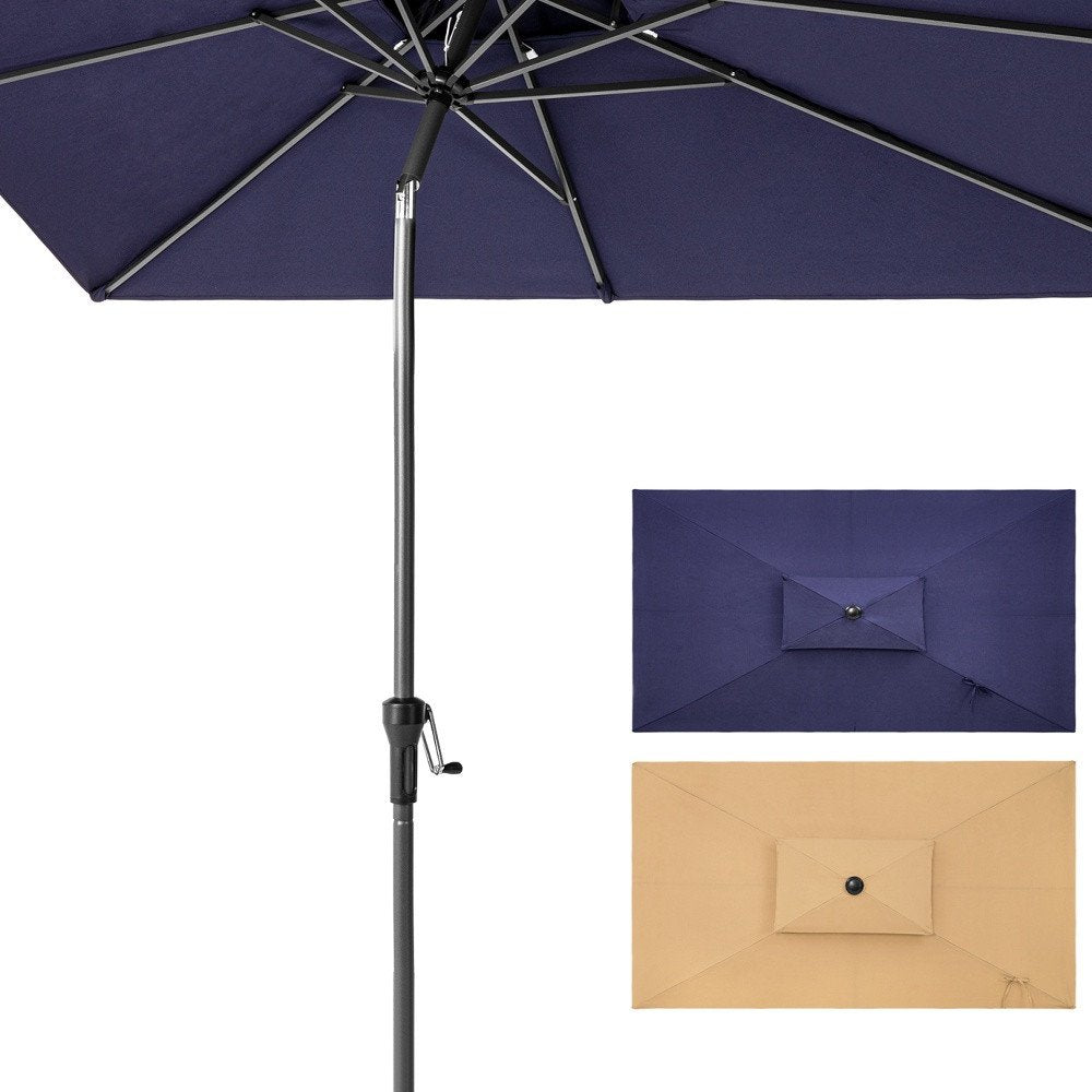 10' Navy Blue Polyester Rectangular Tilt Market Patio Umbrella. Outdoor umbrella isolated on a plain white background, in a navy fabric finish.