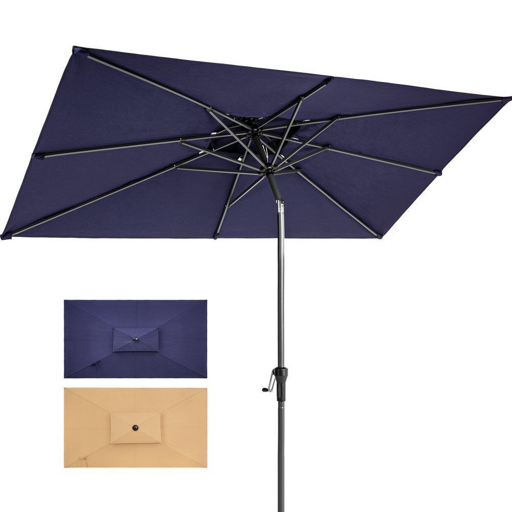 10' Navy Blue Polyester Rectangular Tilt Market Patio Umbrella. Outdoor umbrella isolated on a plain white background, showing a navy fabric surface.