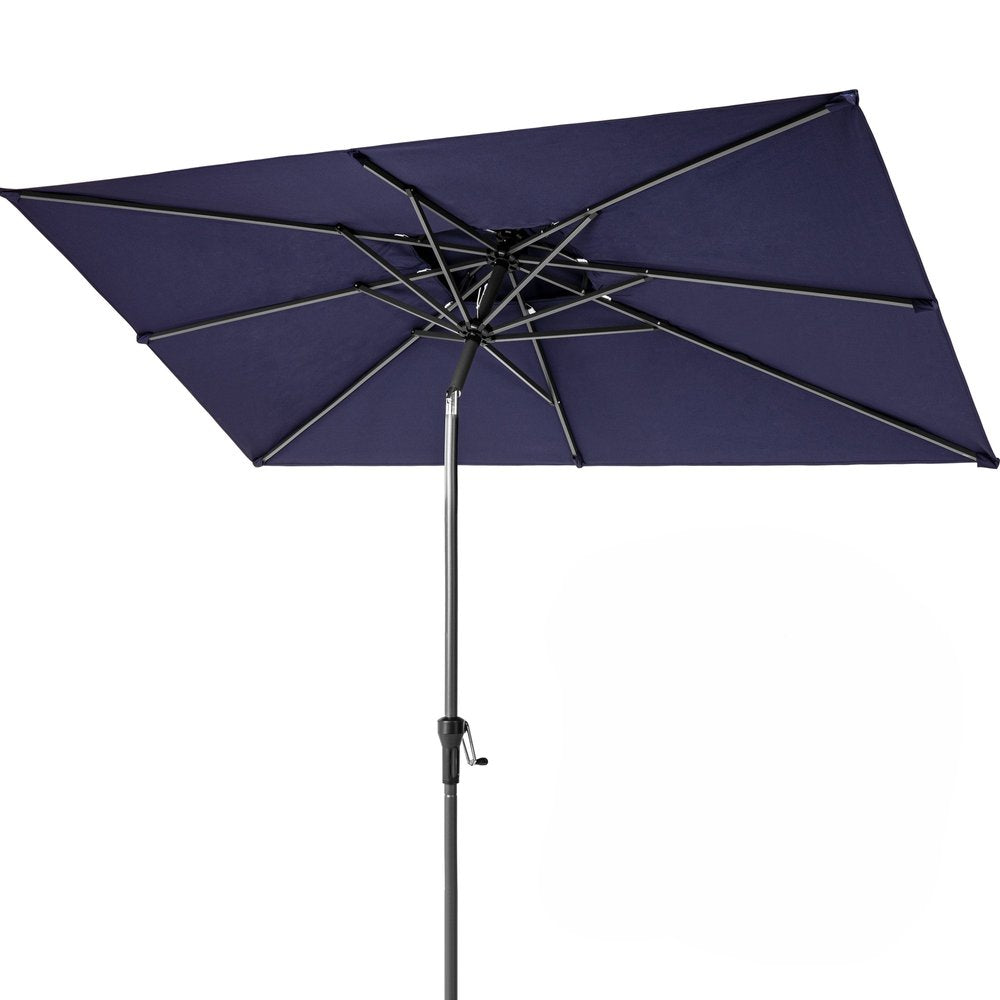 10' Navy Blue Polyester Rectangular Tilt Market Patio Umbrella. Outdoor umbrella isolated on a plain white background, in a navy fabric finish.