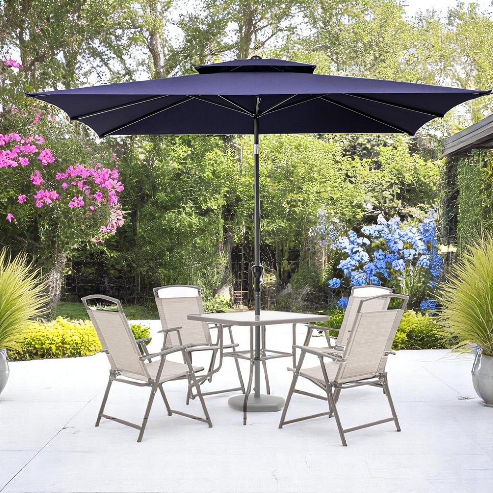10' Navy Blue Polyester Rectangular Tilt Market Patio Umbrella.