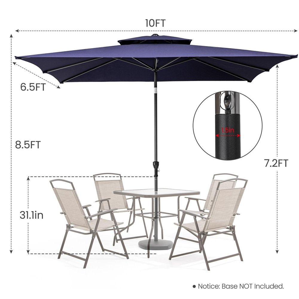 10' Navy Blue Polyester Rectangular Tilt Market Patio Umbrella. Outdoor umbrella isolated on a plain white background, showing a fabric surface.