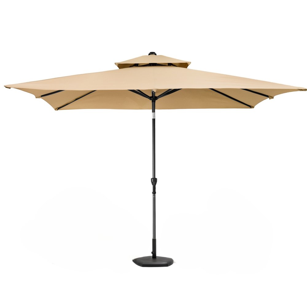 10' Tan Polyester Rectangular Tilt Market Patio Umbrella. Outdoor umbrella isolated on a plain white background, in a cream fabric finish.