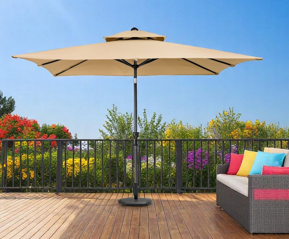 10' Tan Polyester Rectangular Tilt Market Patio Umbrella. Outdoor umbrella in blue fabric.