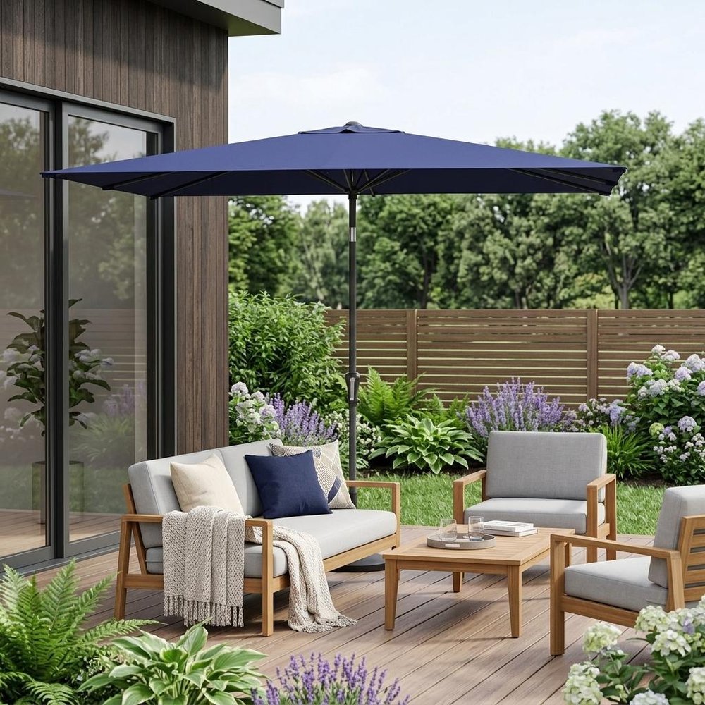 9' Navy Blue Polyester Rectangular Tilt Market Patio Umbrella - 6.10" H x 63.19" W x 6.50" D