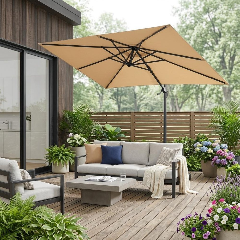 9' Tan Polyester Rectangular Tilt Market Patio Umbrella - 6.10" H x 63.19" W x 6.50" D