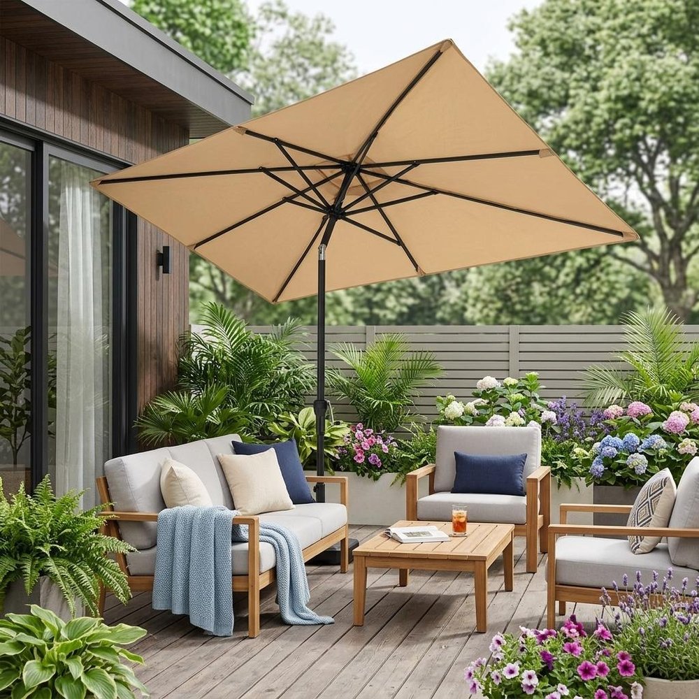 9' Tan Polyester Rectangular Tilt Market Patio Umbrella - 6.10" H x 63.19" W x 6.50" D