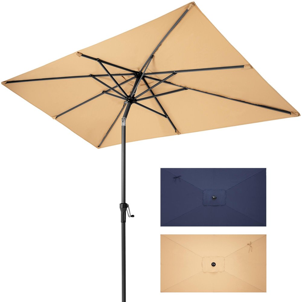 Tan rectangular patio umbrella with black metal pole and frame, shown open and with inset images of blue and tan fabric.
