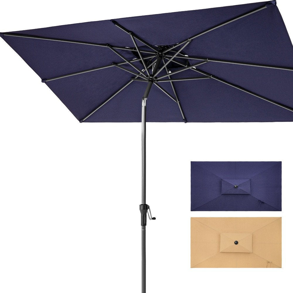 9' Navy Blue Polyester Rectangular Tilt Market Patio Umbrella - 6.10" H x 66.34" W x 6.50" D