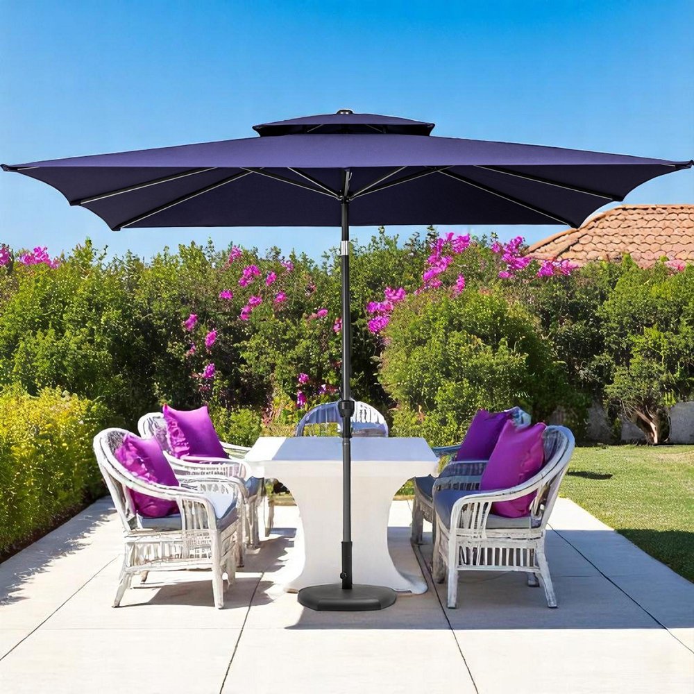 9' Navy Blue Polyester Rectangular Tilt Market Patio Umbrella - 6.10" H x 66.34" W x 6.50" D close-up detail
