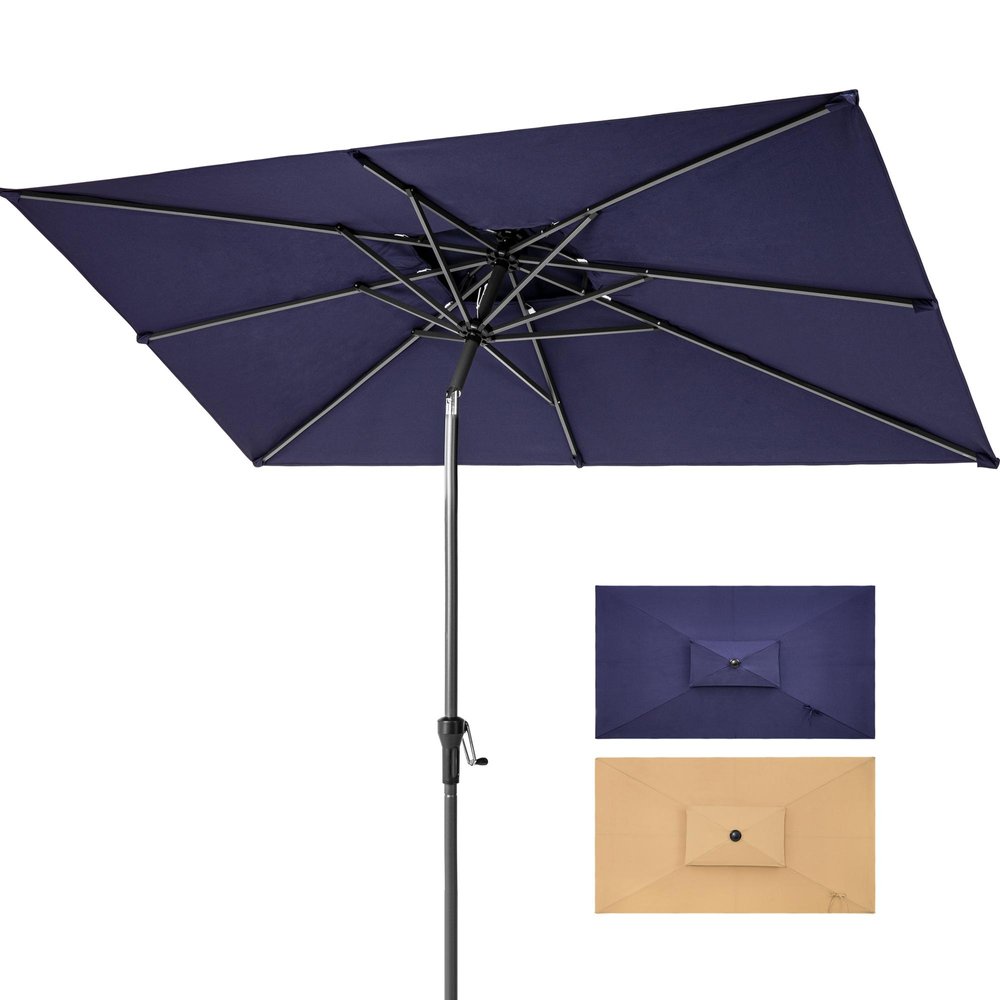 Navy blue rectangular patio umbrella with crank tilt mechanism, shown against a white background with inset images of navy and tan umbrella tops.