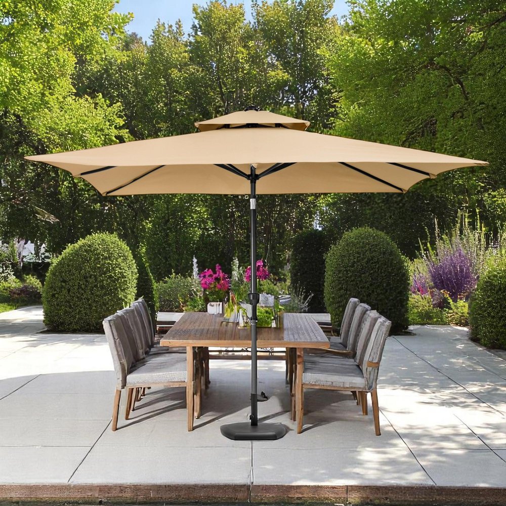 9' Tan Polyester Rectangular Tilt Market Patio Umbrella - 6.10" H x 66.34" W x 6.50" D