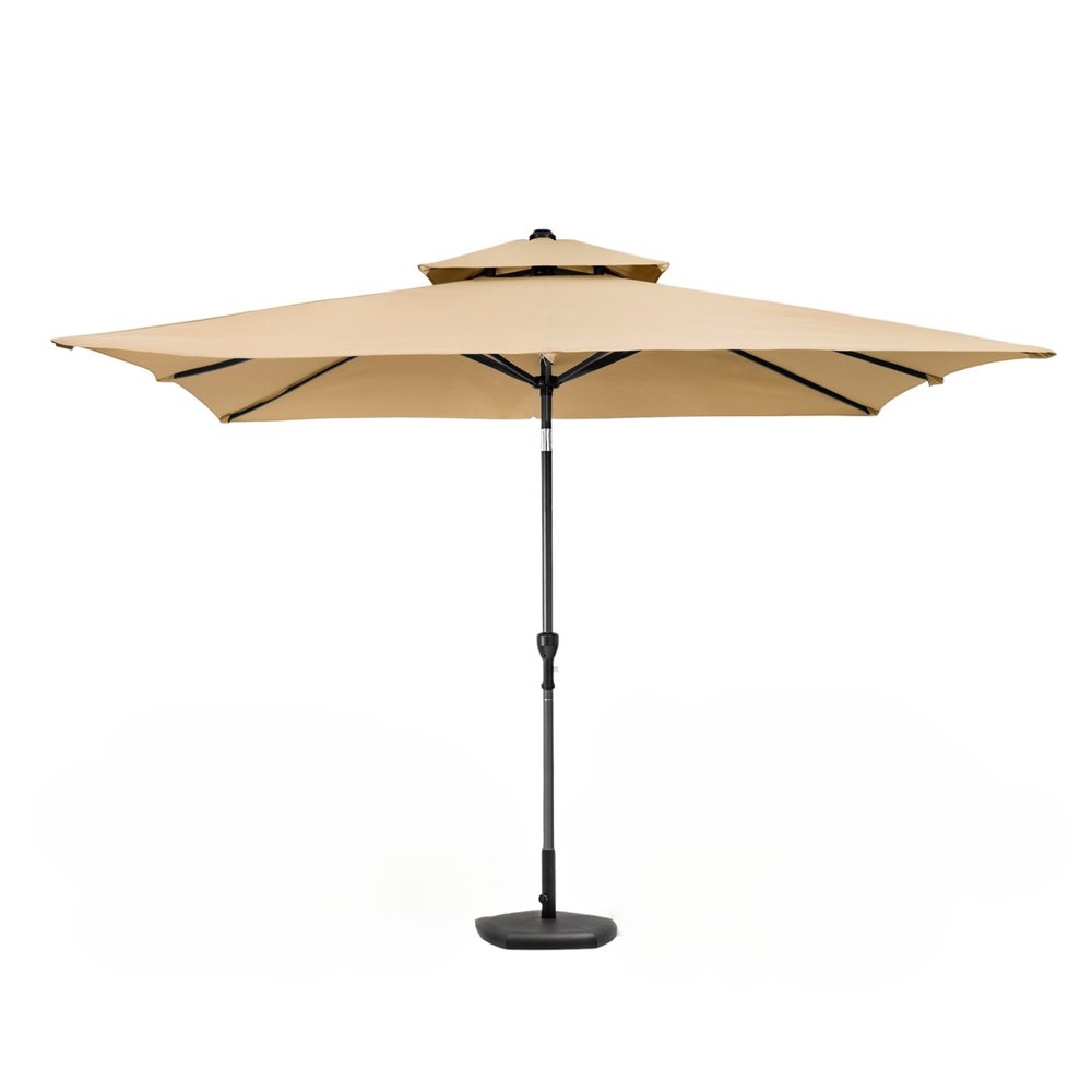 9' Tan Polyester Rectangular Tilt Market Patio Umbrella - 6.10" H x 66.34" W x 6.50" D on a white background