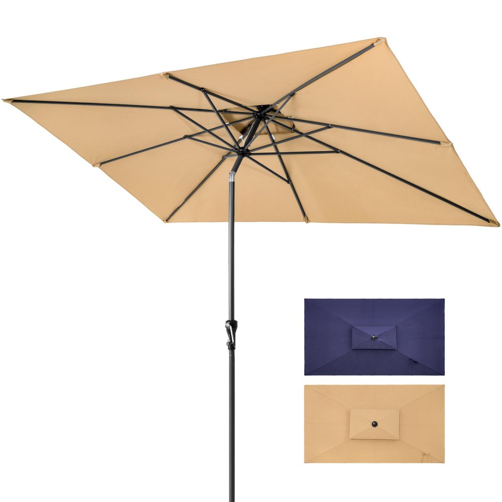 Tan polyester rectangular market patio umbrella with black pole, shown open and with swatches of tan and navy fabric.