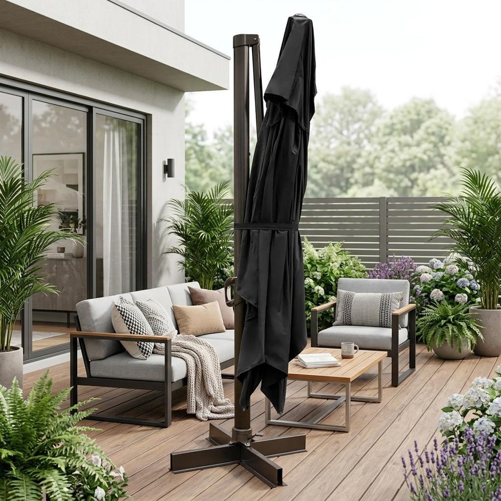 Cropped view of 13' Black Polyester Rectangular Tilt Cantilever Patio Umbrella with Stand focusing on the fabric surface.