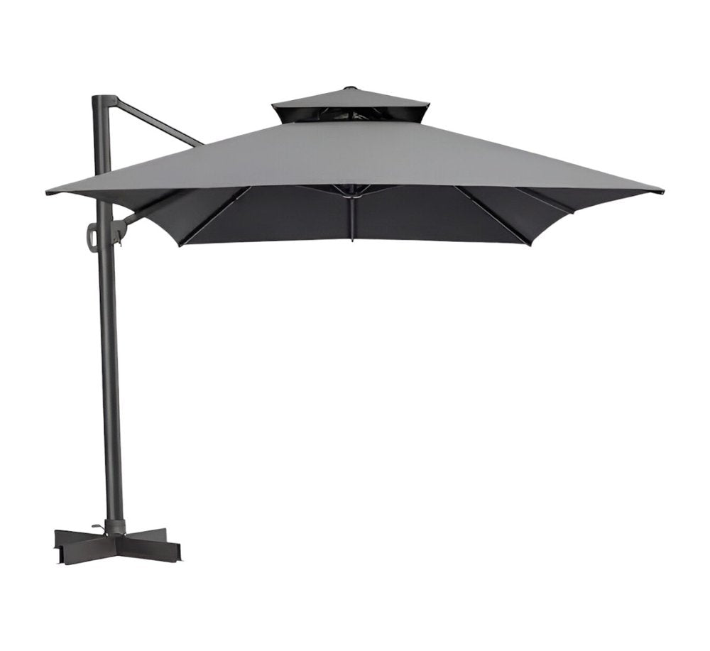 13' Gray Polyester Rectangular Tilt Cantilever Patio Umbrella with Stand. Outdoor umbrella isolated on a plain white background, showing a gray fabric surface.