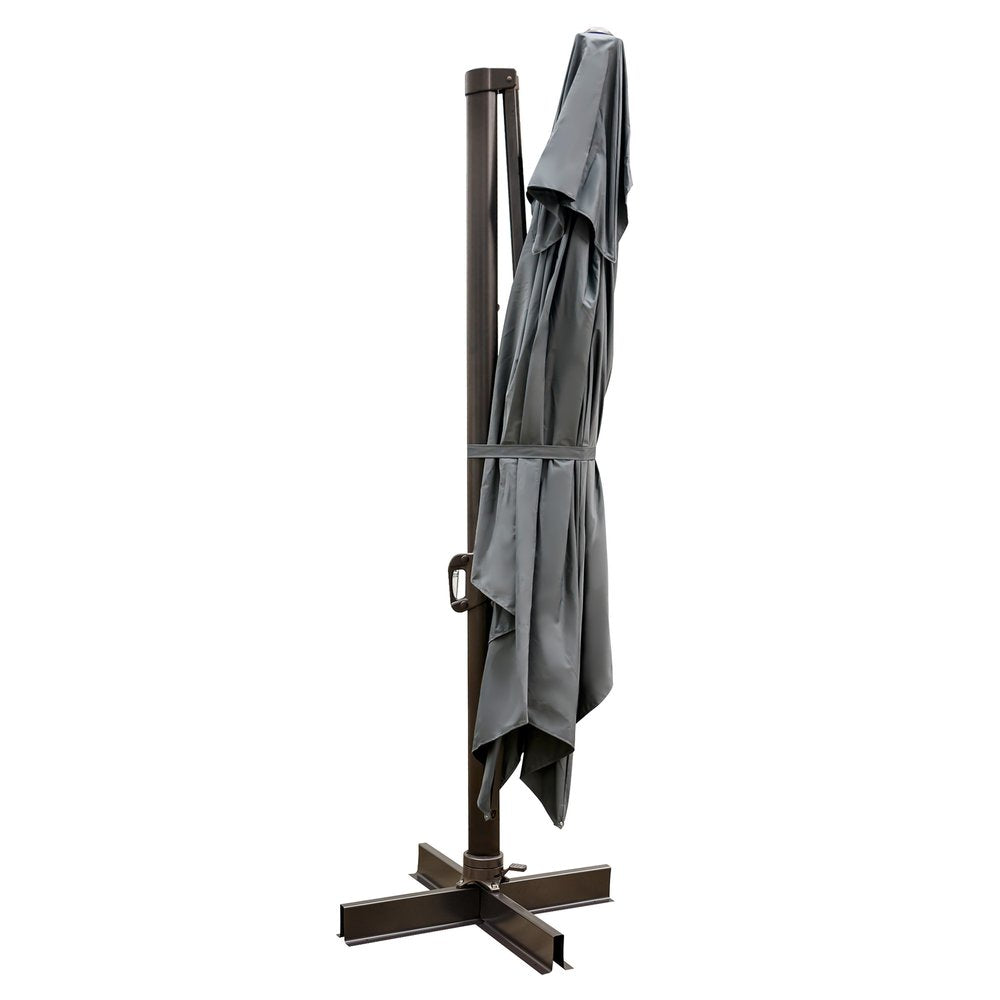 13' Gray Polyester Rectangular Tilt Cantilever Patio Umbrella with Stand. Outdoor umbrella isolated on a plain white background, in a gray fabric finish.