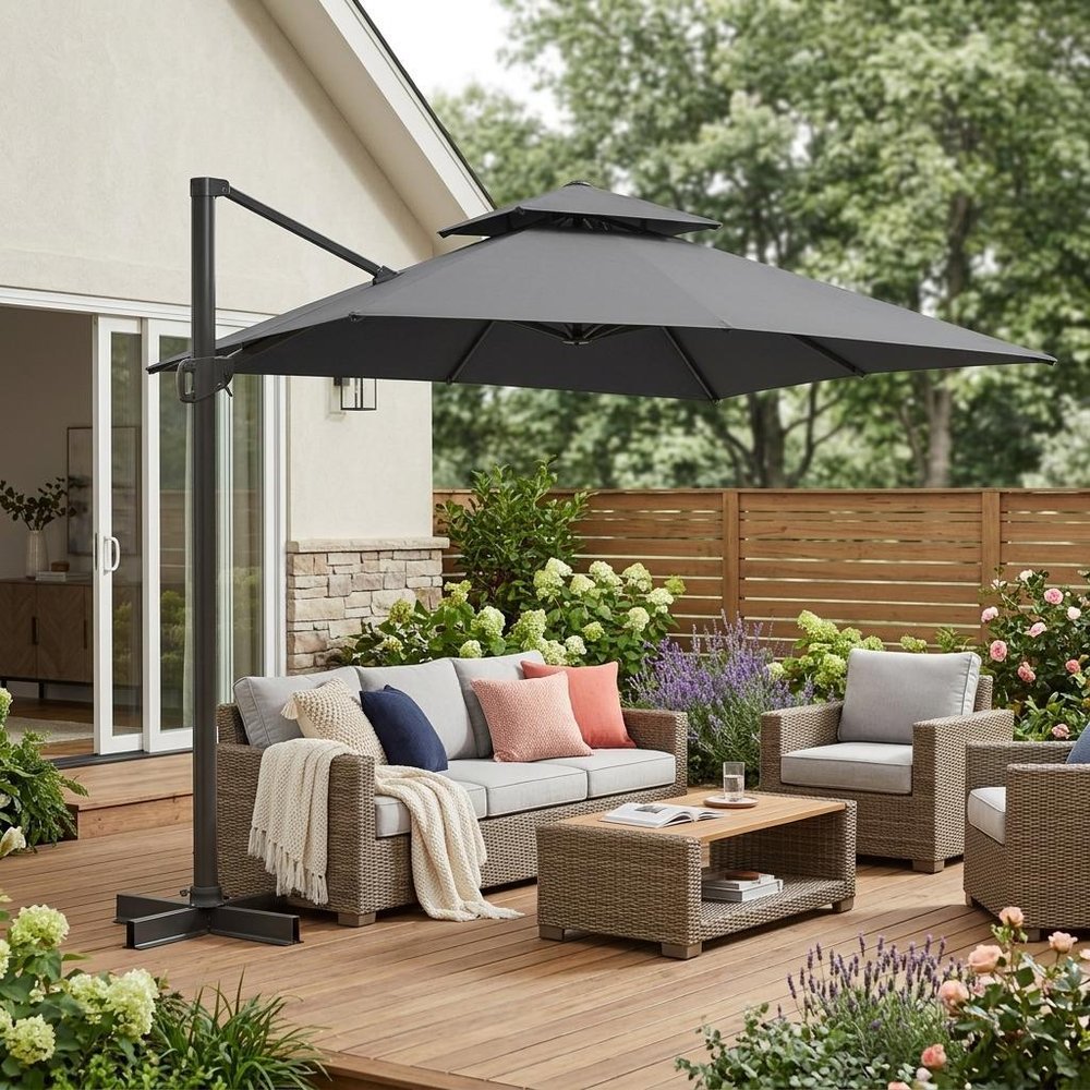 13' Gray Polyester Rectangular Tilt Cantilever Patio Umbrella with Stand shown outdoors on a patio.