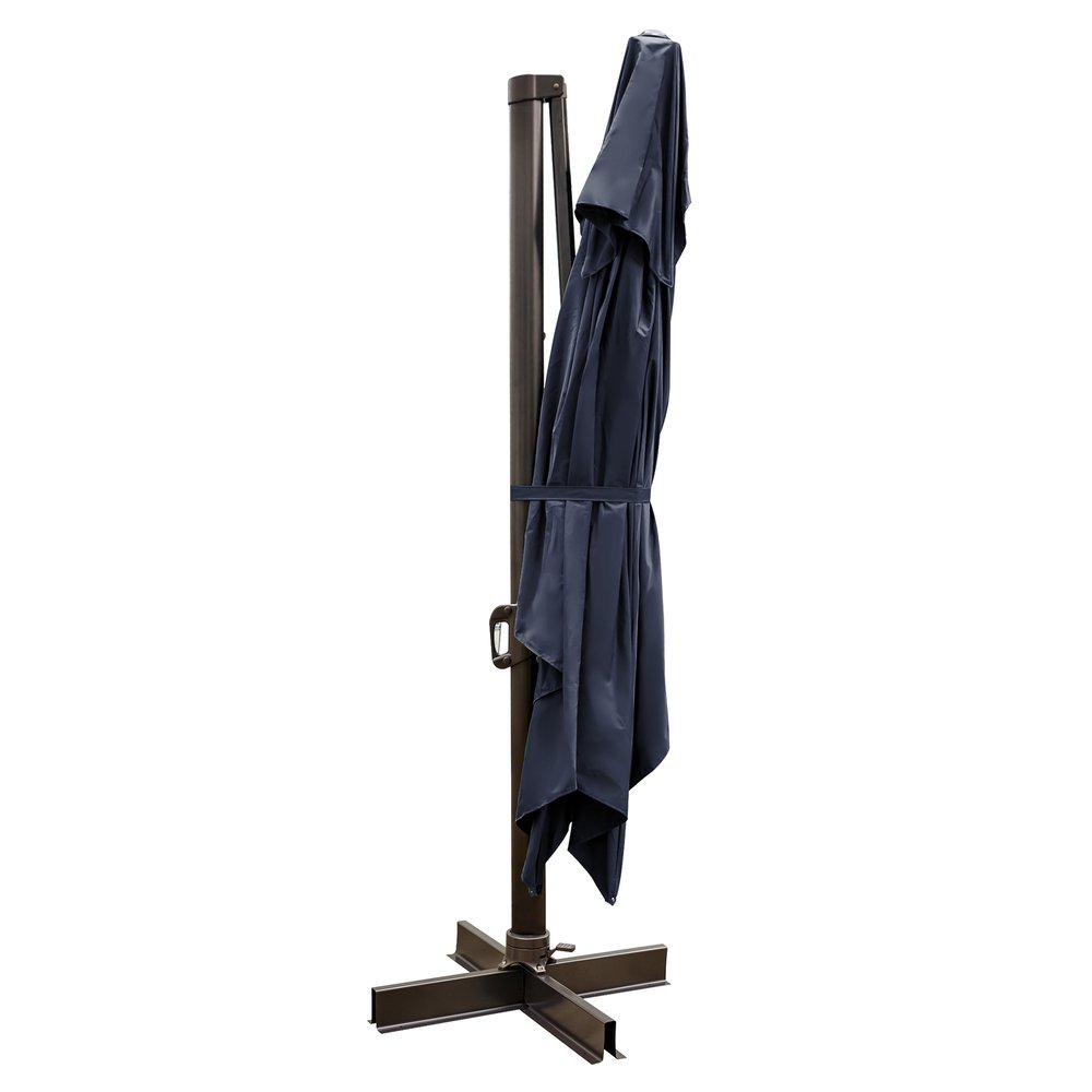 13' Navy Blue Polyester Rectangular Tilt Cantilever Patio Umbrella with Stand