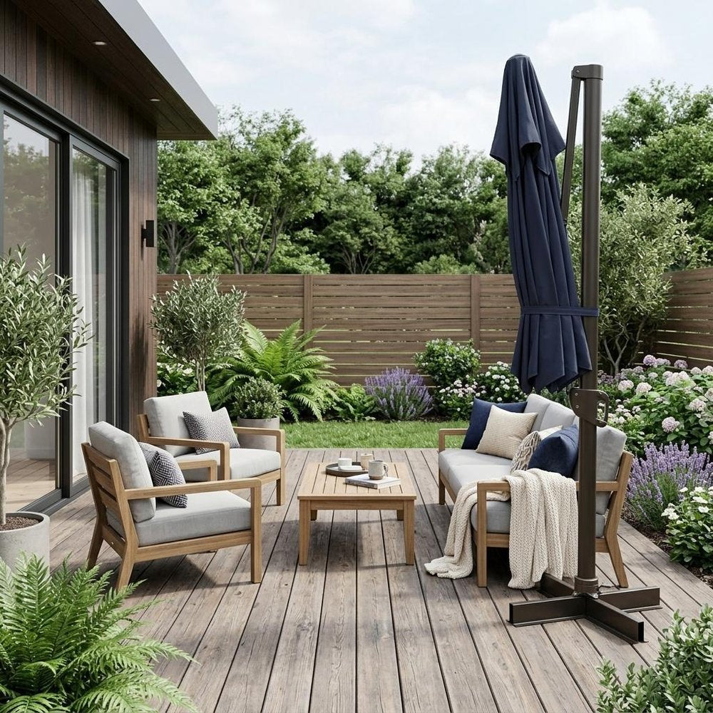 13' Navy Blue Polyester Rectangular Tilt Cantilever Patio Umbrella with Stand. Outdoor umbrella in navy fabric.