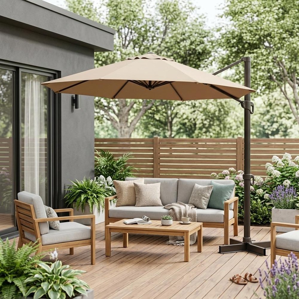 13' Tan Polyester Rectangular Tilt Cantilever Patio Umbrella with Stand shown outdoors on a patio with greenery in cream fabric.