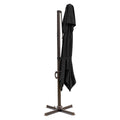 Black polyester cantilever patio umbrella with a bronze stand, folded and tied, on a white background.