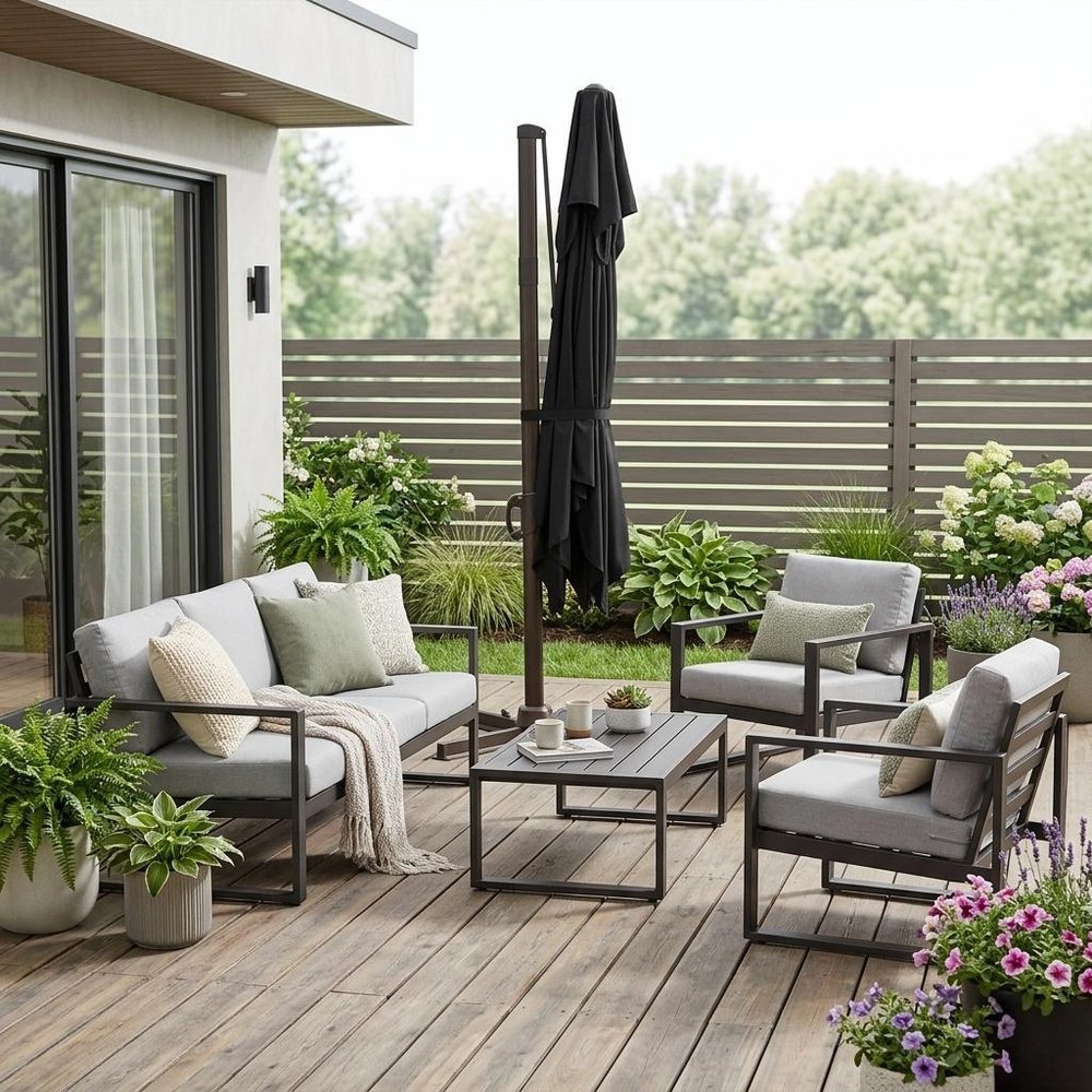 Close-up of 10' Black Polyester Square Tilt Cantilever Patio Umbrella with Stand showing black fabric detail.