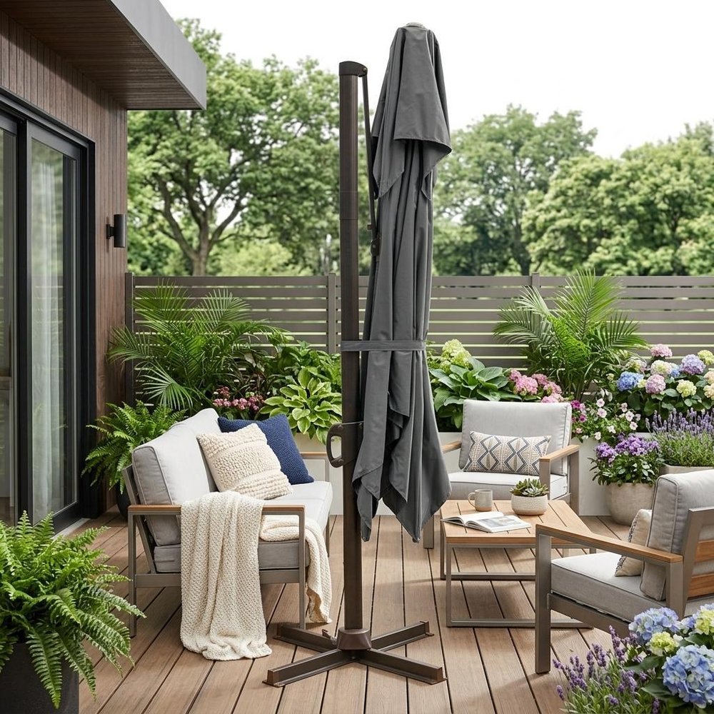 10' Gray Polyester Square Tilt Cantilever Patio Umbrella with Stand