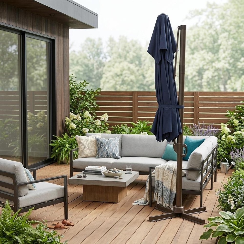 10' Navy Blue Polyester Square Tilt Cantilever Patio Umbrella with Stand