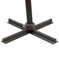 Brown metal cantilever umbrella stand with a square base and four extending arms on a white background.