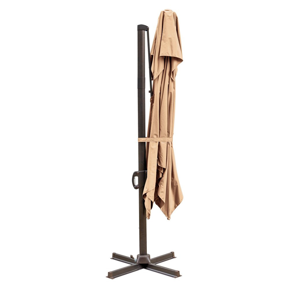 10' Tan Polyester Square Tilt Cantilever Patio Umbrella with Stand