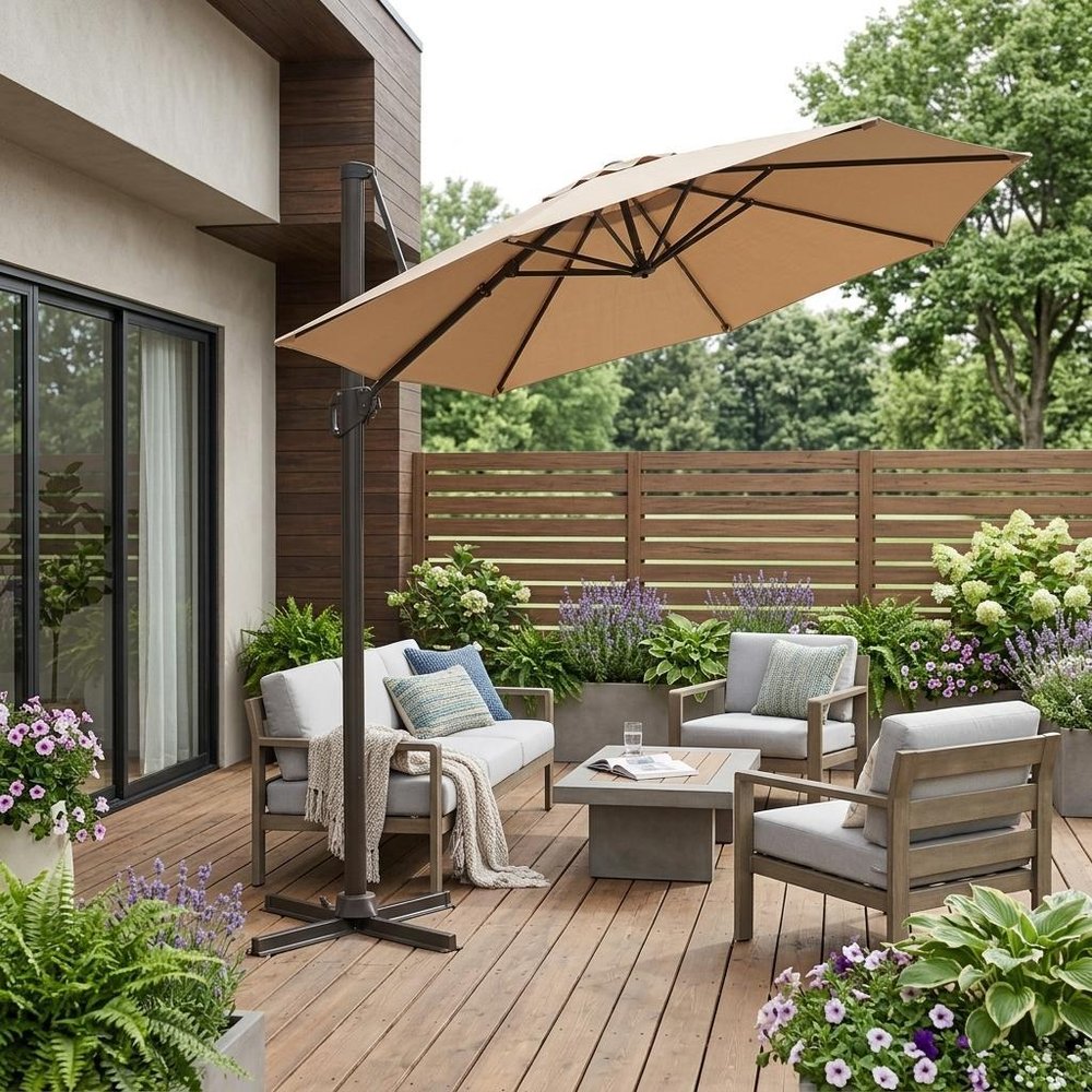 10' Tan Polyester Square Tilt Cantilever Patio Umbrella with Stand. Outdoor umbrella in tan fabric.