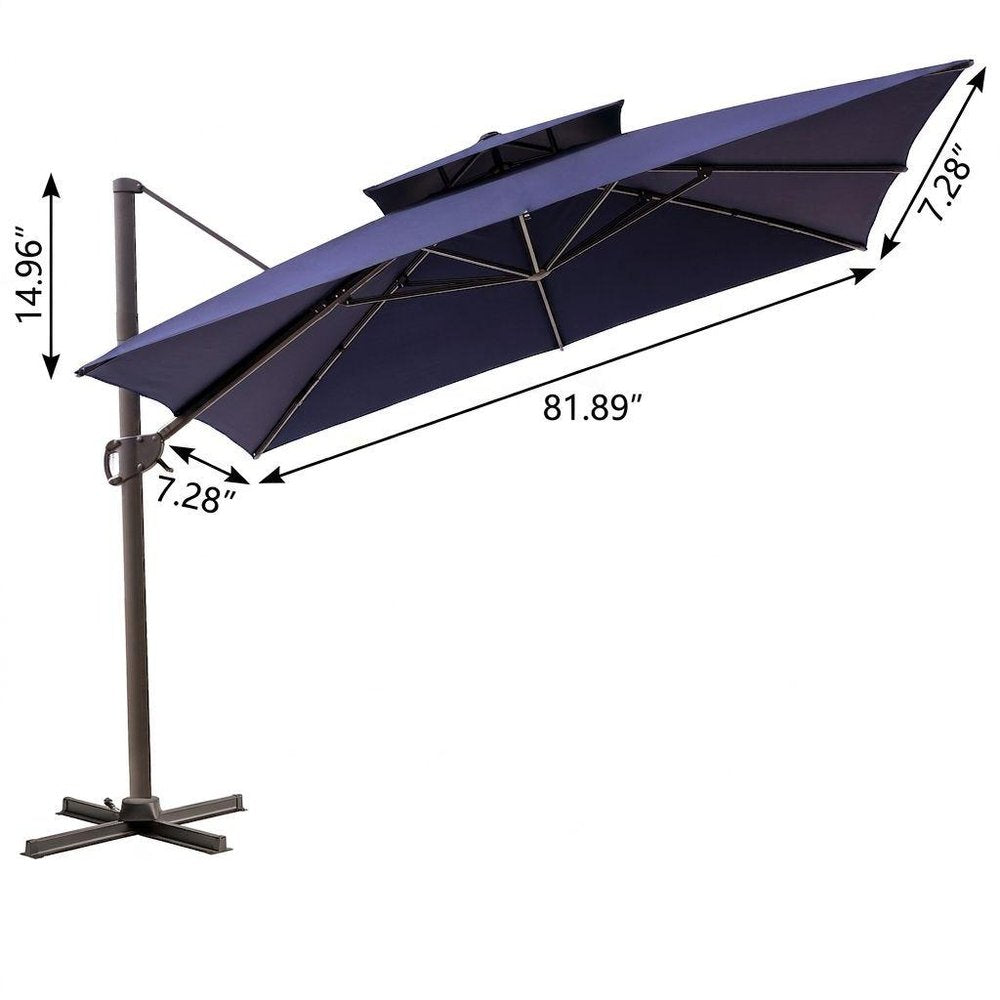 11' Navy Blue Polyester Round Tilt Cantilever Patio Umbrella with Stand. Outdoor umbrella isolated on a plain white background, finished in navy fabric.