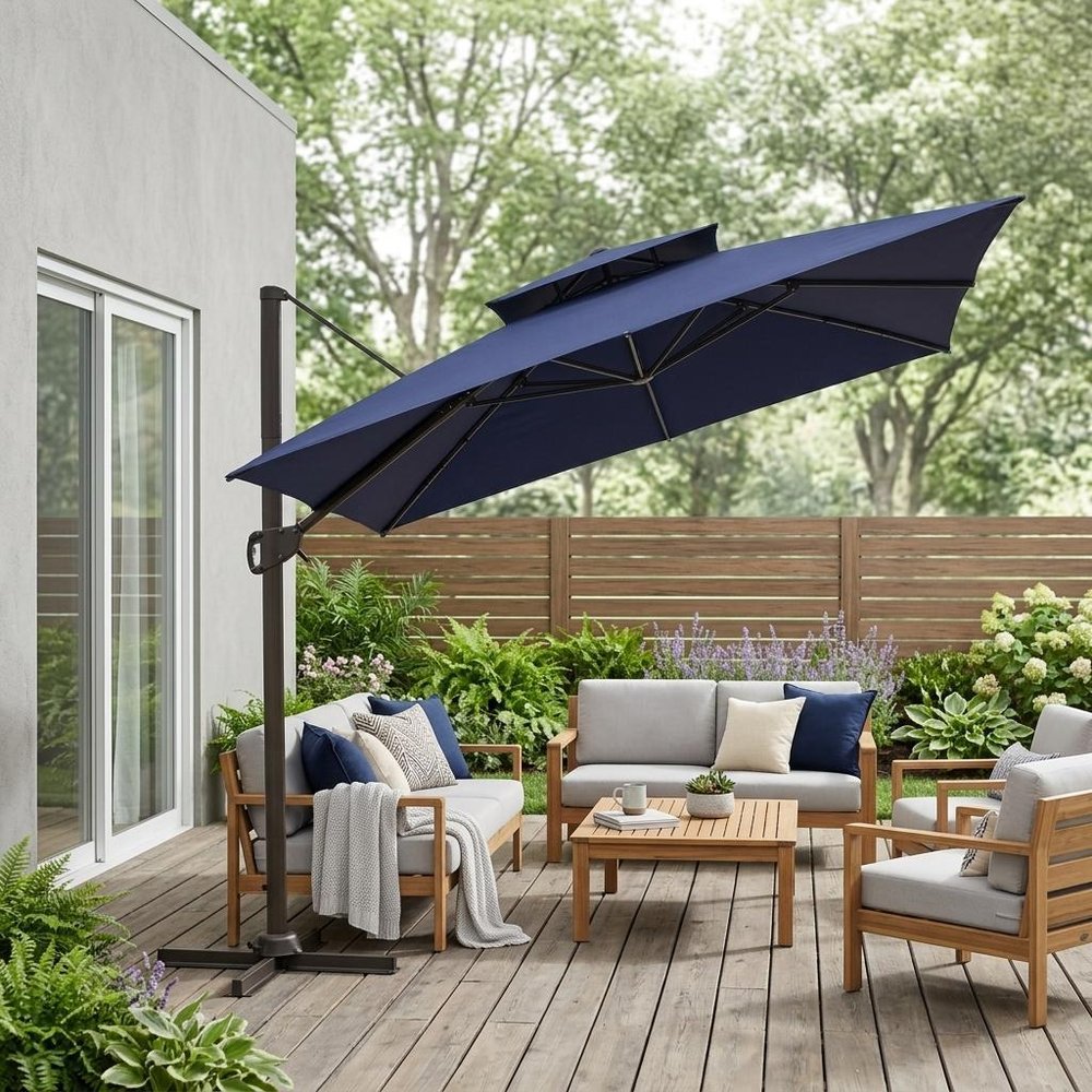 11' Navy Blue Polyester Round Tilt Cantilever Patio Umbrella with Stand