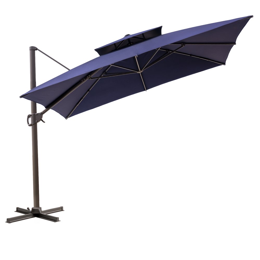 Navy blue cantilever patio umbrella with a dark brown stand on a white background.