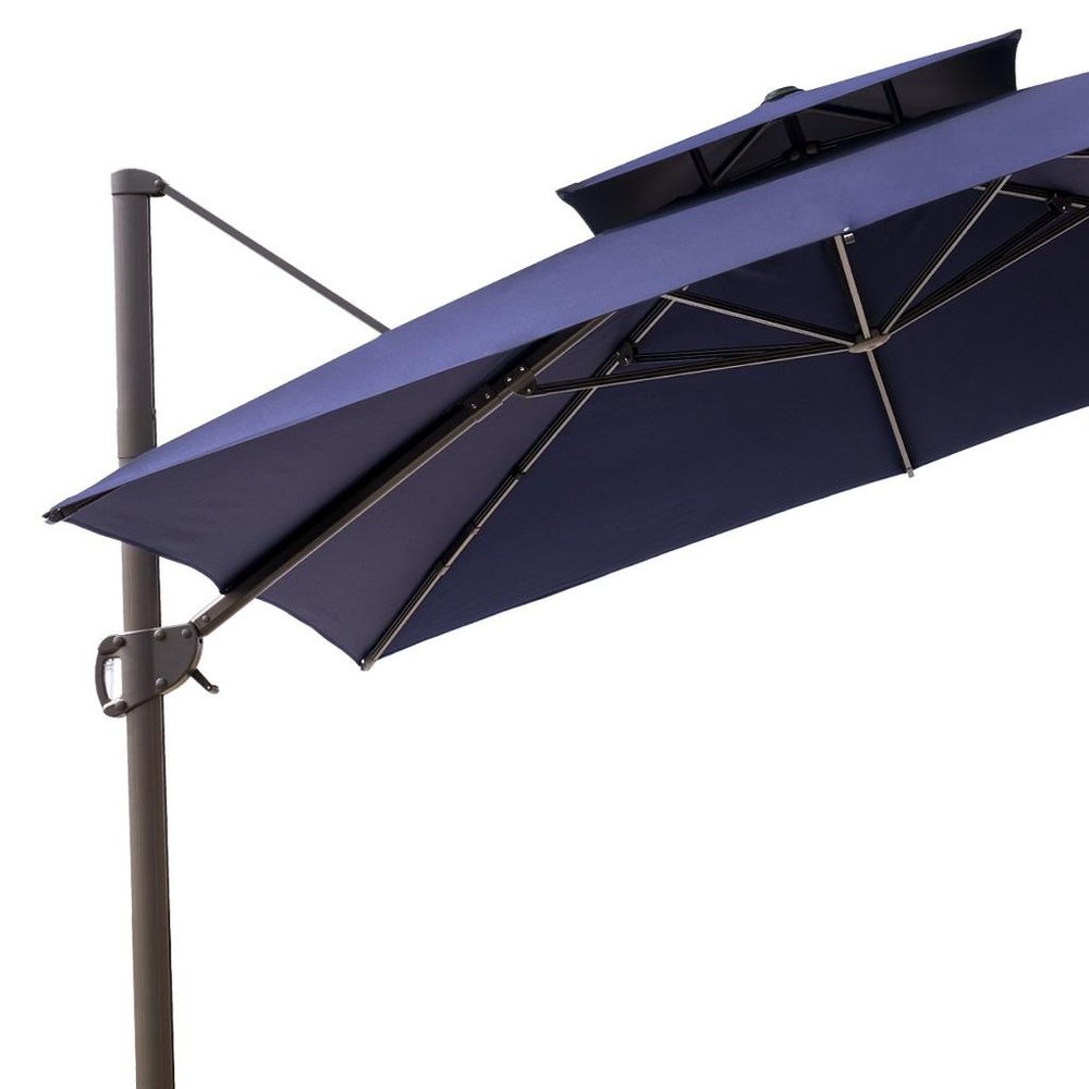 11' Navy Blue Polyester Round Tilt Cantilever Patio Umbrella with Stand. Outdoor umbrella isolated on a plain white background, finished in navy fabric.