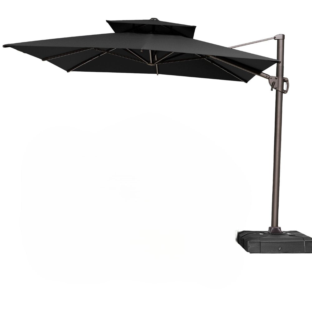 11' Black Polyester Round Tilt Cantilever Patio Umbrella with Stand. Outdoor umbrella isolated on a plain white background, showing a black fabric surface.