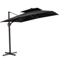 Black polyester cantilever patio umbrella with a two-tier canopy and a dark metal cross-shaped stand on a white background.