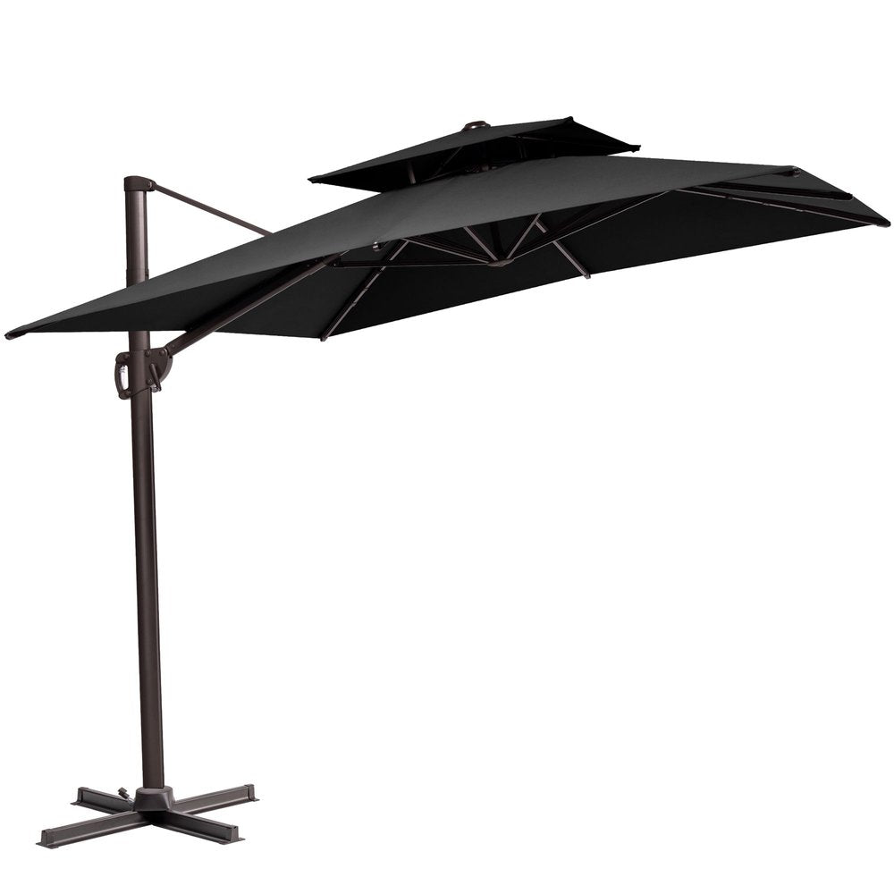 Black polyester cantilever patio umbrella with a two-tier canopy and a dark metal cross-shaped stand on a white background.