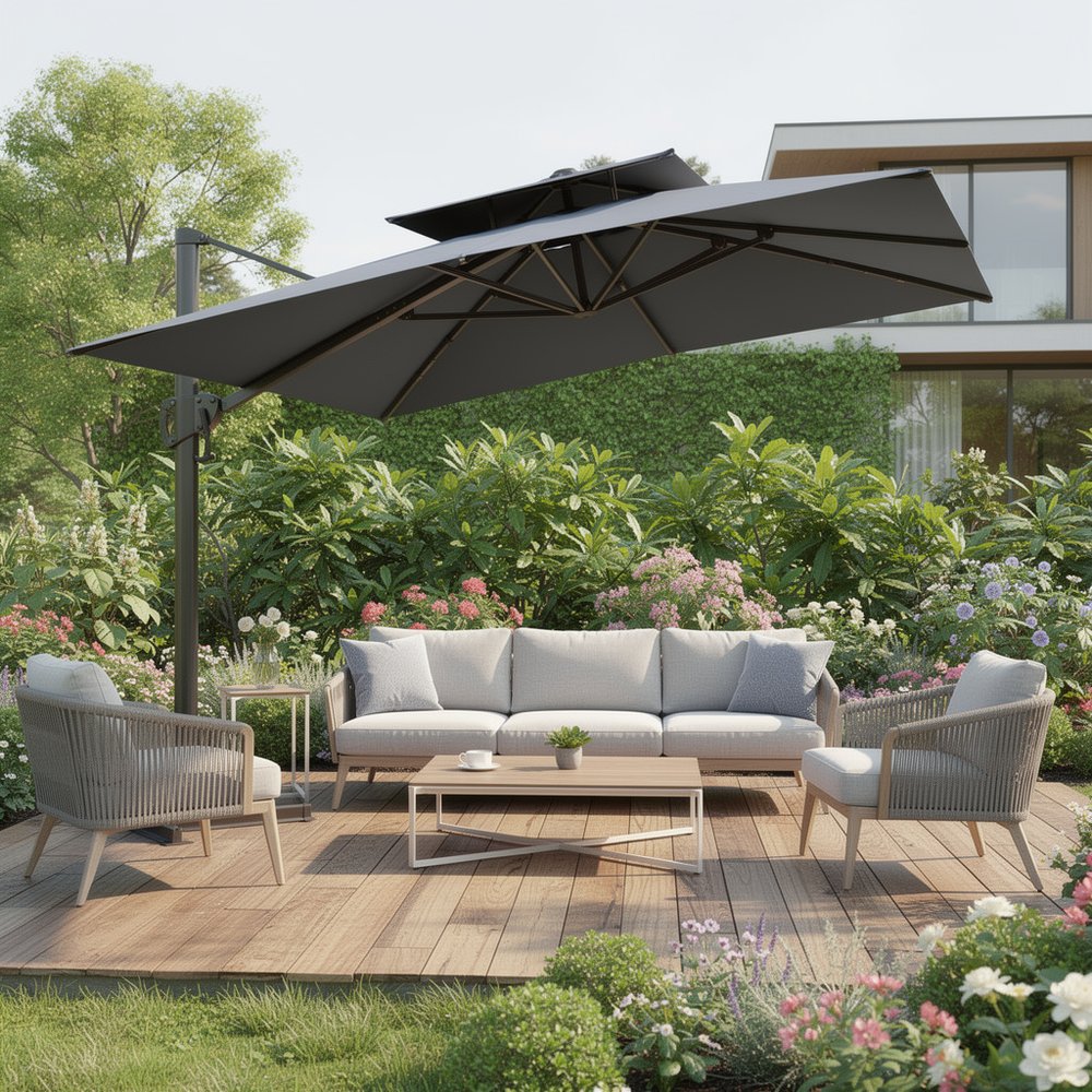 11' Gray Polyester Round Tilt Cantilever Patio Umbrella with Stand. Outdoor umbrella in gray fabric.