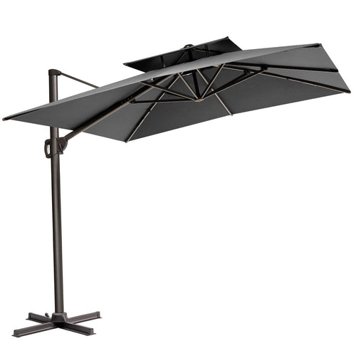 11' Gray Polyester Round Tilt Cantilever Patio Umbrella with Stand