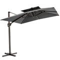 Gray cantilever patio umbrella with a two-tier canopy and a dark metal stand on a white background.