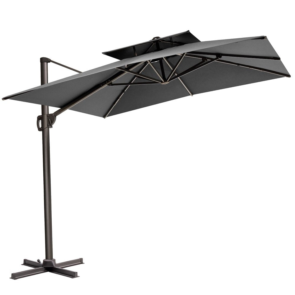 Gray cantilever patio umbrella with a two-tier canopy and a dark metal stand on a white background.