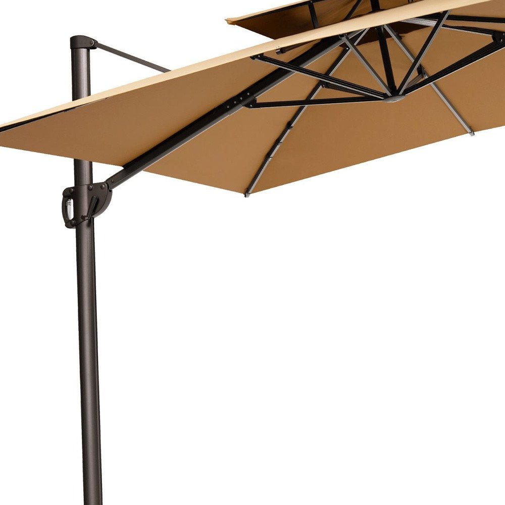 11' Tan Polyester Round Tilt Cantilever Patio Umbrella with Stand. Outdoor umbrella isolated on a plain white background, in a mahogany fabric finish.