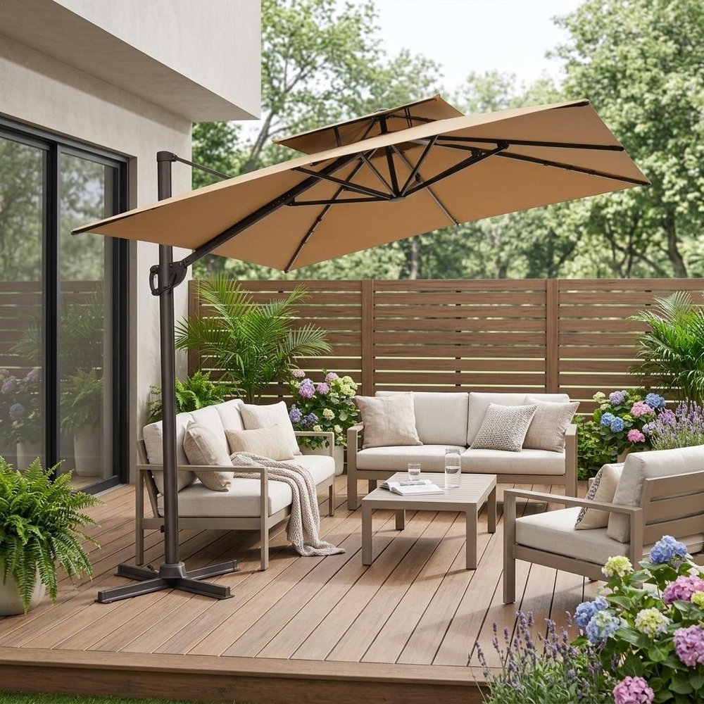 11' Tan Polyester Round Tilt Cantilever Patio Umbrella with Stand shown outdoors on a patio with greenery.