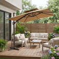 11' Tan Polyester Round Tilt Cantilever Patio Umbrella with Stand
