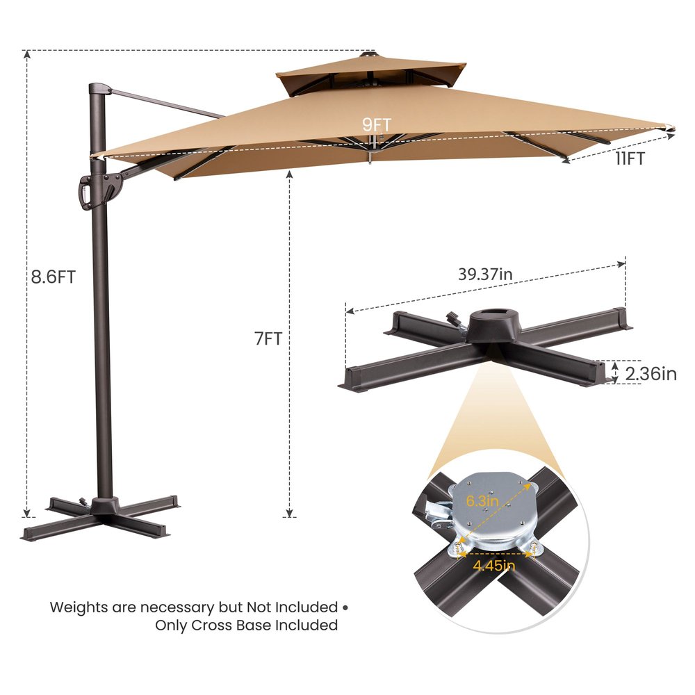 11' Tan Polyester Round Tilt Cantilever Patio Umbrella with Stand. Outdoor umbrella isolated on a plain white background, in a gray fabric finish.