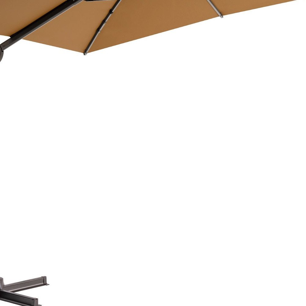 11' Tan Polyester Round Tilt Cantilever Patio Umbrella with Stand. Outdoor umbrella isolated on a plain white background, showing a mahogany fabric surface.